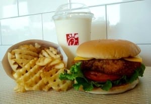 Chicken Deluxe Sandwich, Waffle Fries, and Frosted Lemonade Chick-fil-A