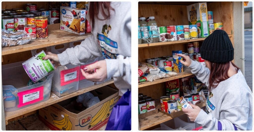 Brandi Buys restocking the Payson City Free Food Pantry, located by the Payson City Office Building, with essential supplies for the community.