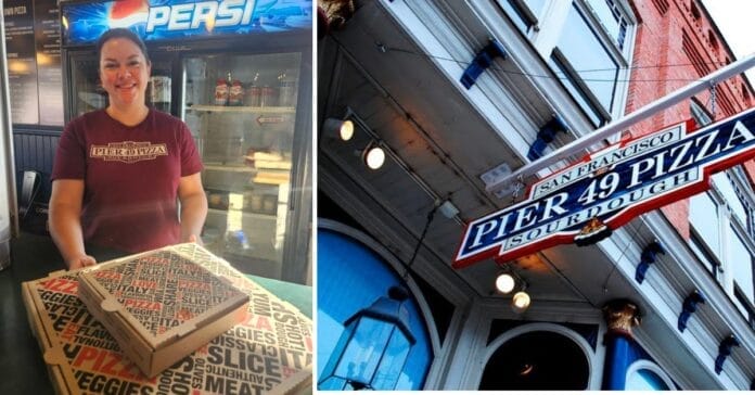 Pier 49 Pizza and community member aid homeless